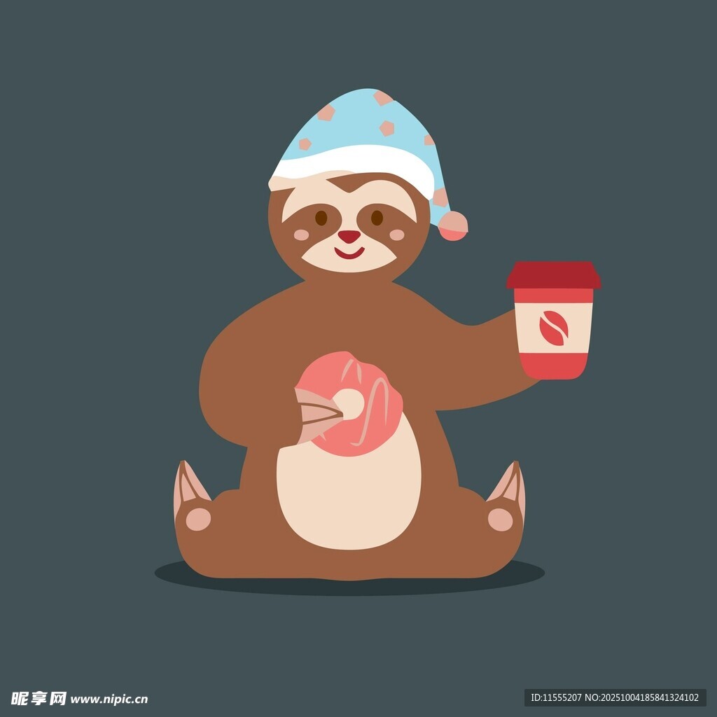 戴帽树懒惬意喝咖啡