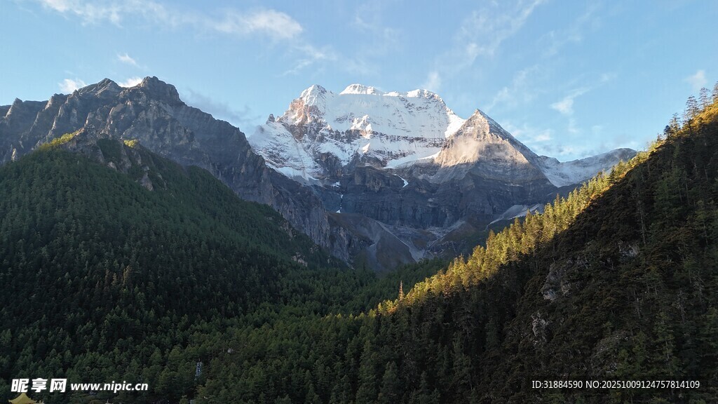 壮丽雪山与葱郁山林景观
