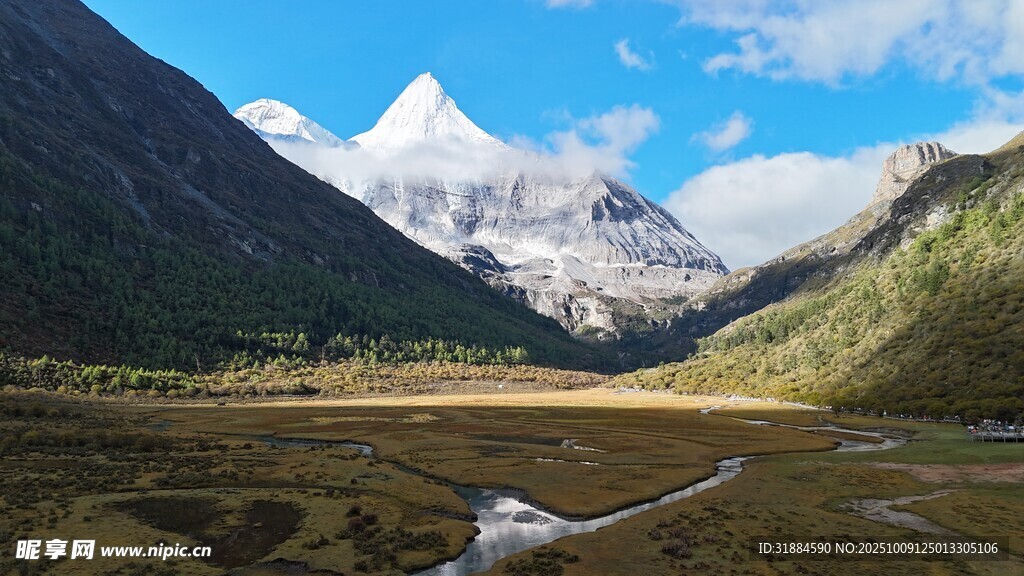 雪山下的广袤山谷风光
