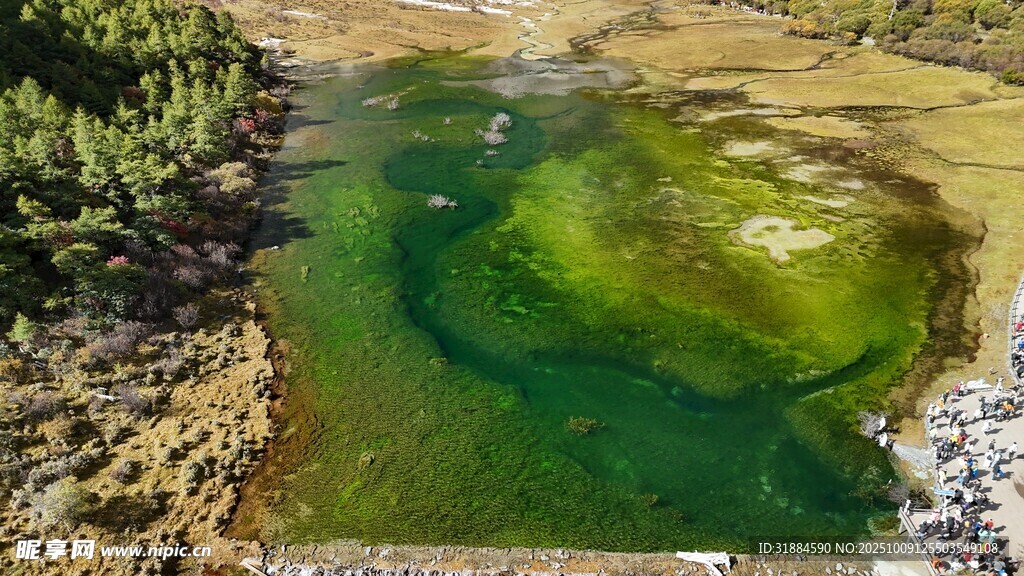 翠绿清澈的山间湖泊