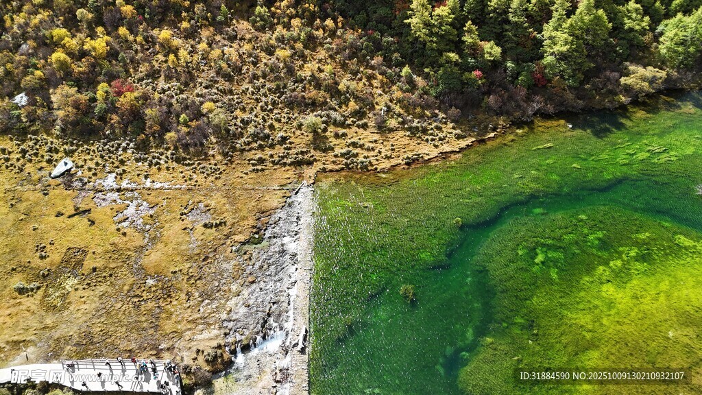 俯瞰翠绿清澈的山间水域