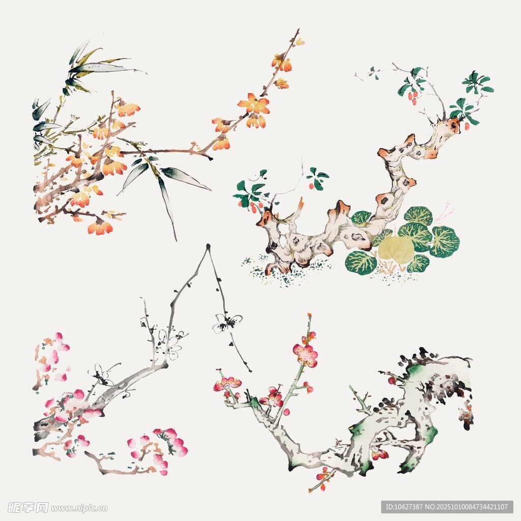 中式手绘花卉枝头图案