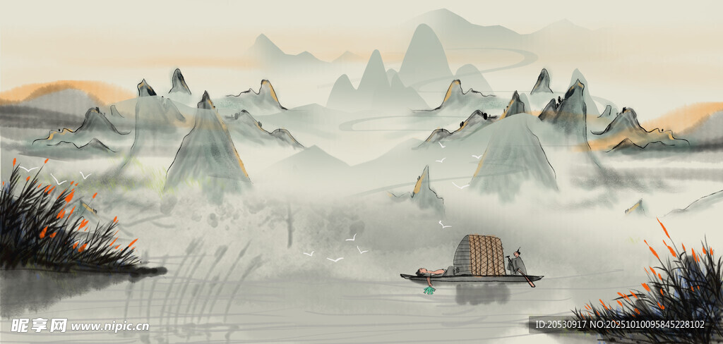 水墨山水间的孤舟意境