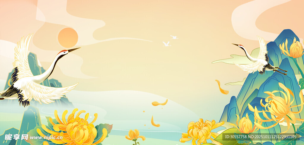 山水飞鹤浅黄色国潮风秋天背景