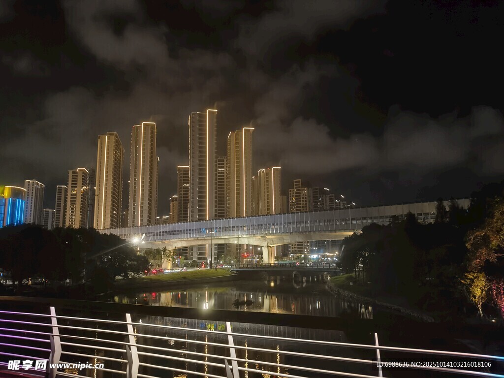 城市夜景中的高楼与桥梁