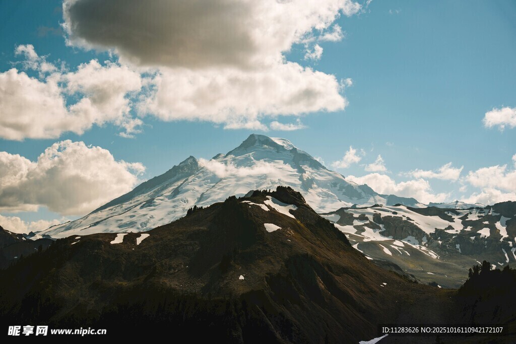 壮丽雪山与蓝天白云美景