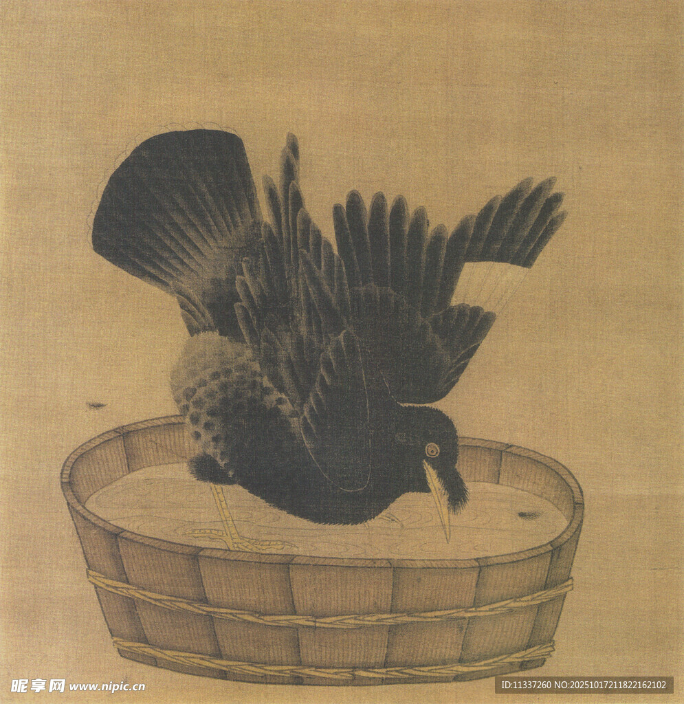 古画中盆内展翅的禽鸟