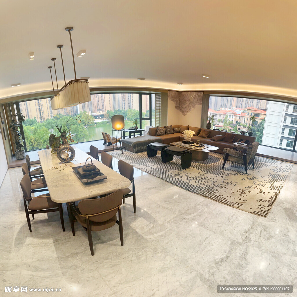 现代轻奢风客厅餐厅全景