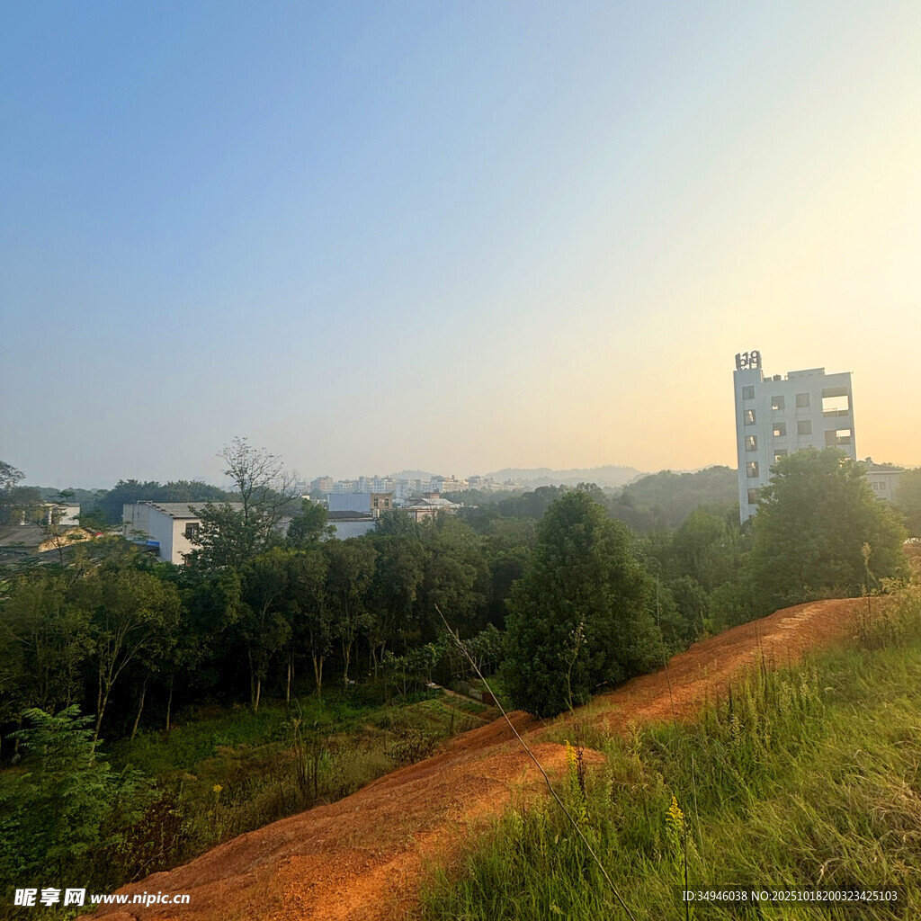 乡村小道边的绿意与建筑