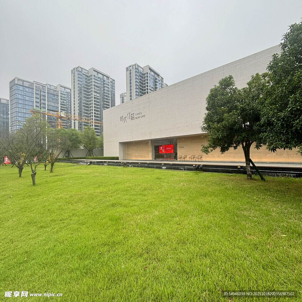 城市草地旁的现代建筑景观