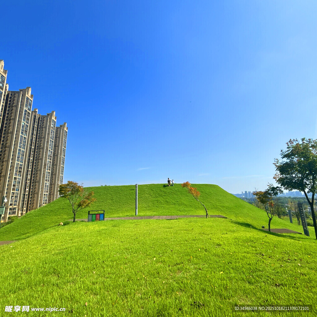 绿草如茵的城堡旁风景