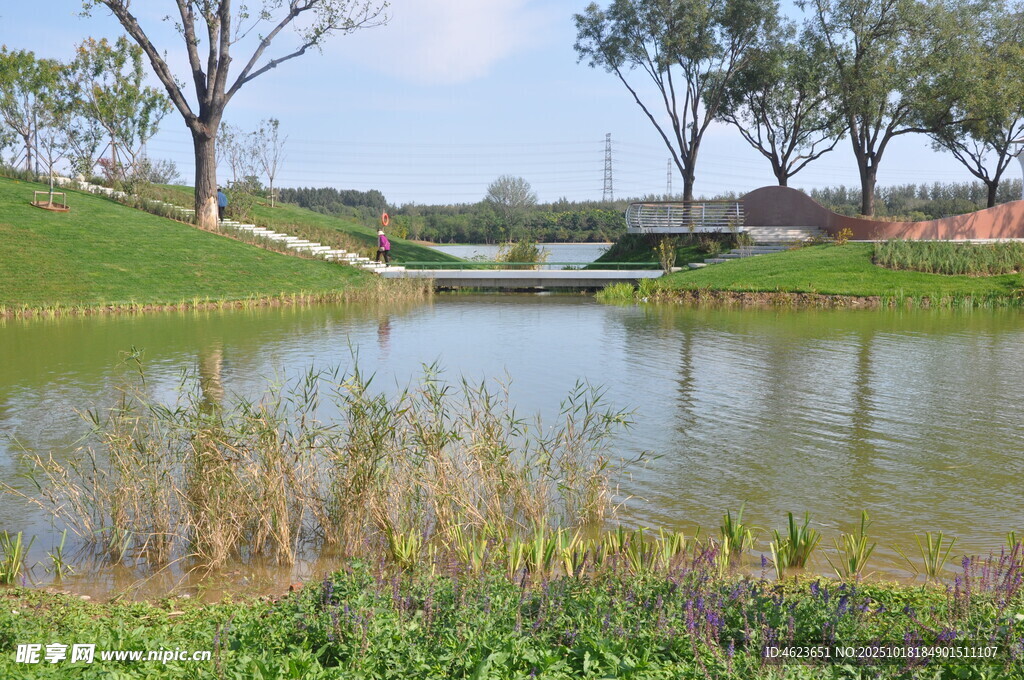 北京朝阳坝河景观宁静湖畔风光