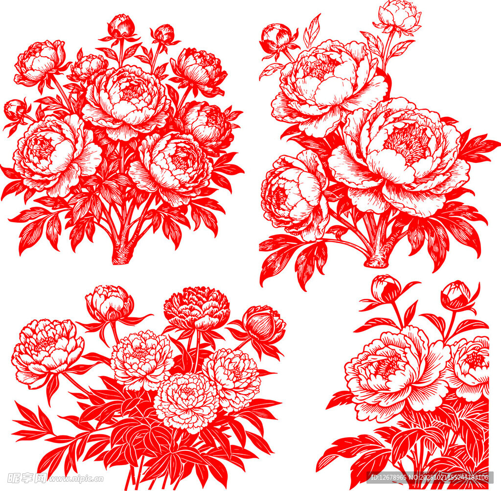 传统红色牡丹剪纸图案