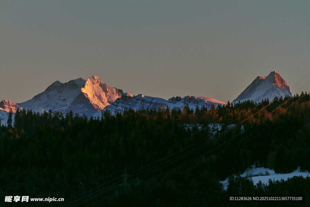 夕阳下的雪山与森林景观