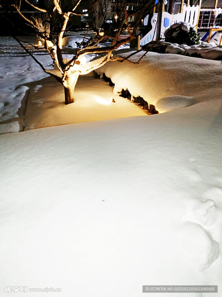 雪夜中被灯光照亮的小径