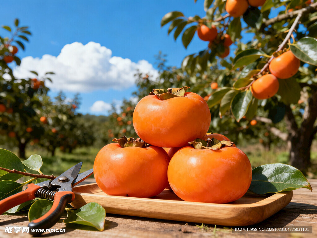 木盘上的新鲜柿子