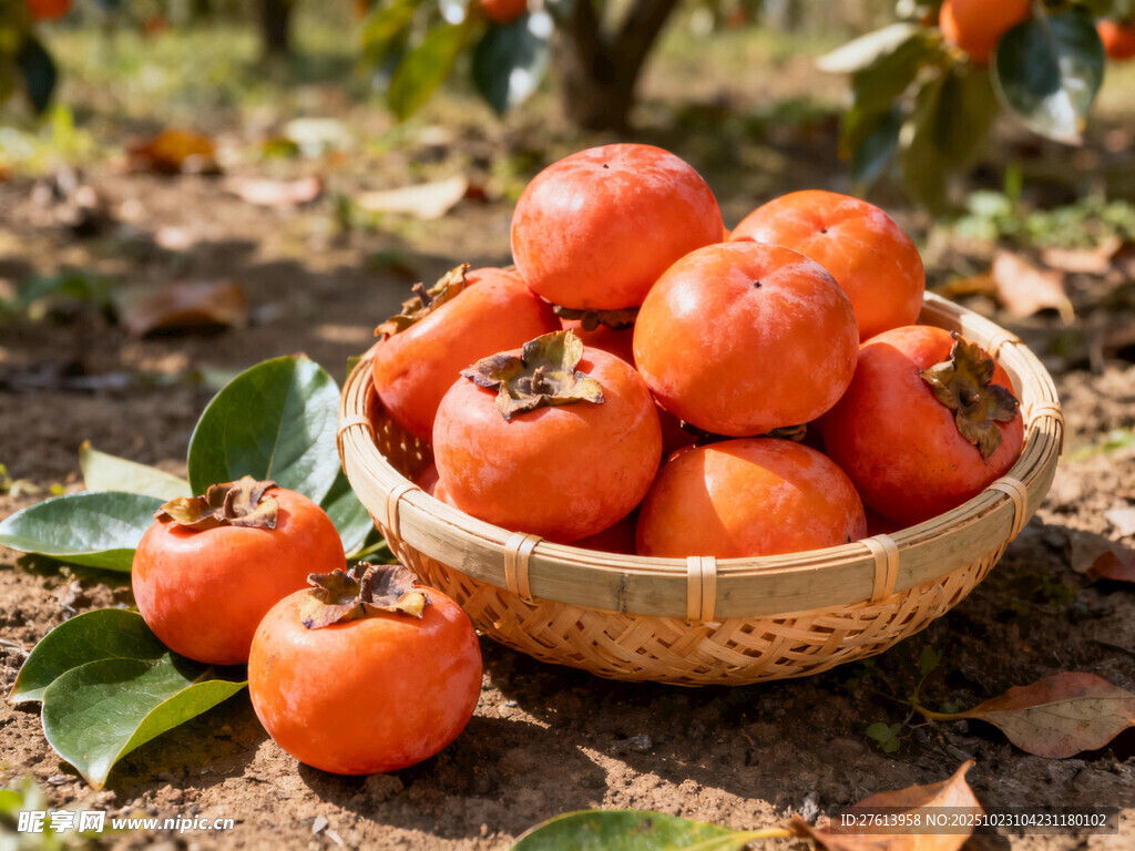 竹篮中的新鲜成熟柿子