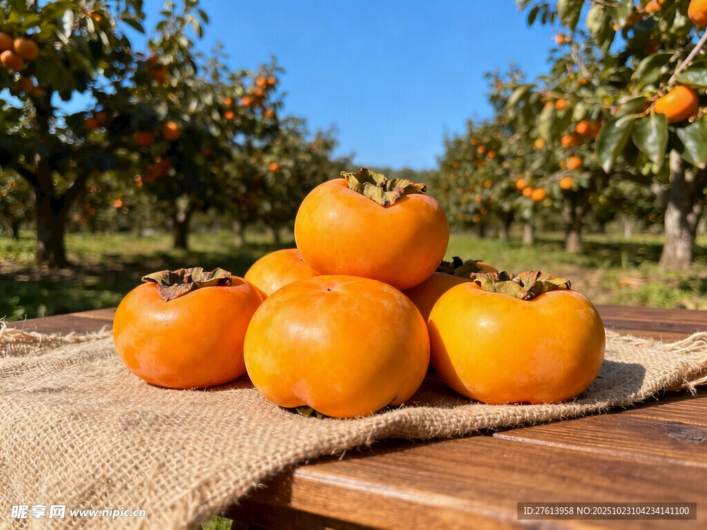 木桌上摆放的新鲜柿子