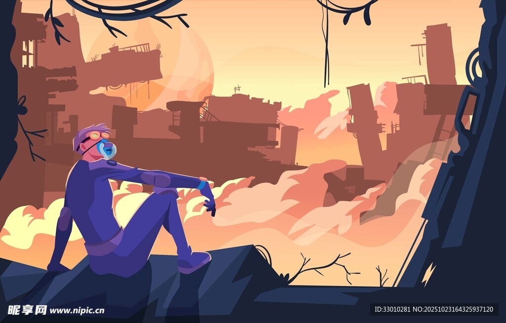 紫色角色坐于废土场景中