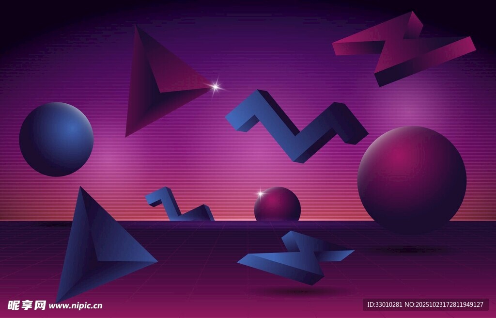 紫色空间中的几何立体元素
