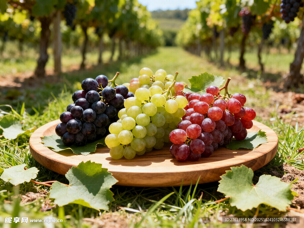 多彩葡萄置于田园木盘上