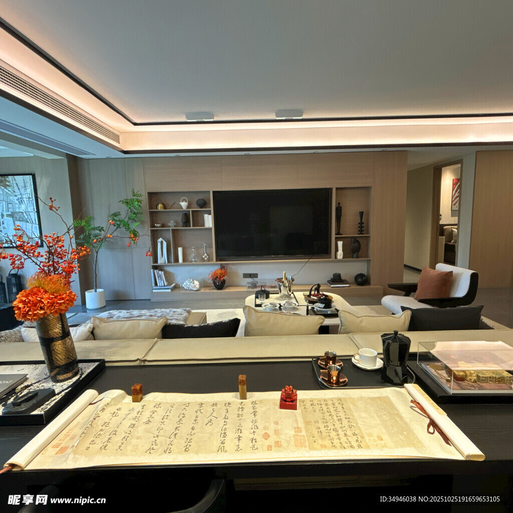 中式雅致客厅与书法空间