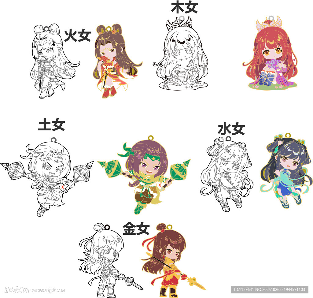 金木水火土女版 卡通  拟人 