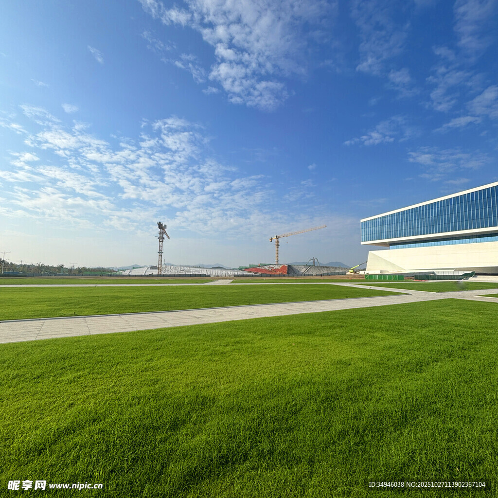 蓝天绿地旁的现代建筑