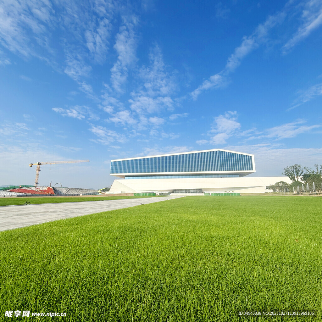 绿草如茵旁的现代建筑