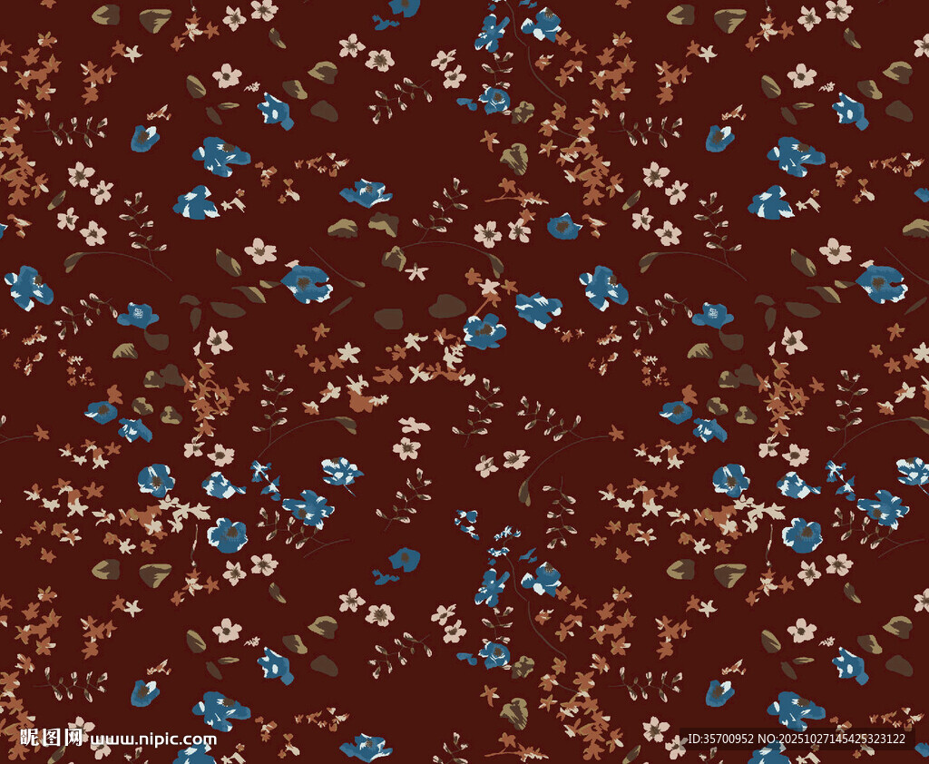棕色底散布蓝粉小花图案