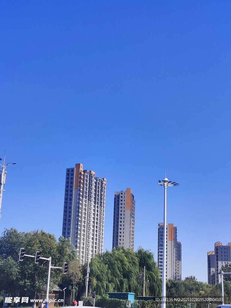 城市高楼与蓝天绿树景观