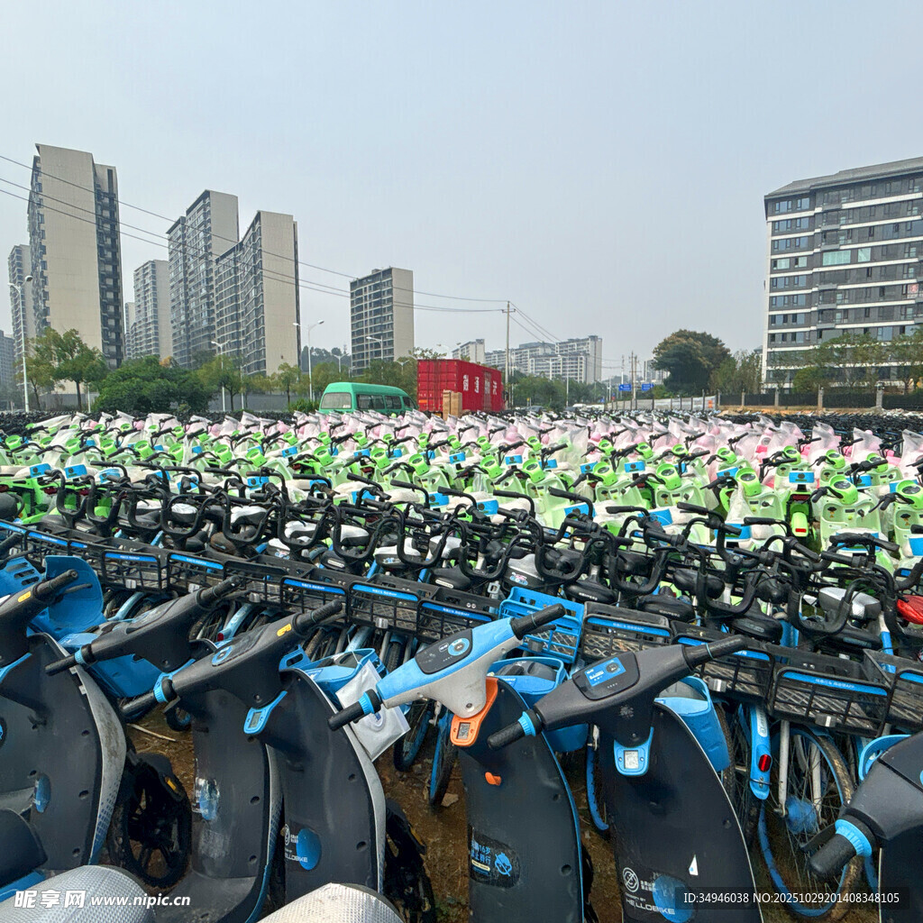 大量共享单车停放于城市中