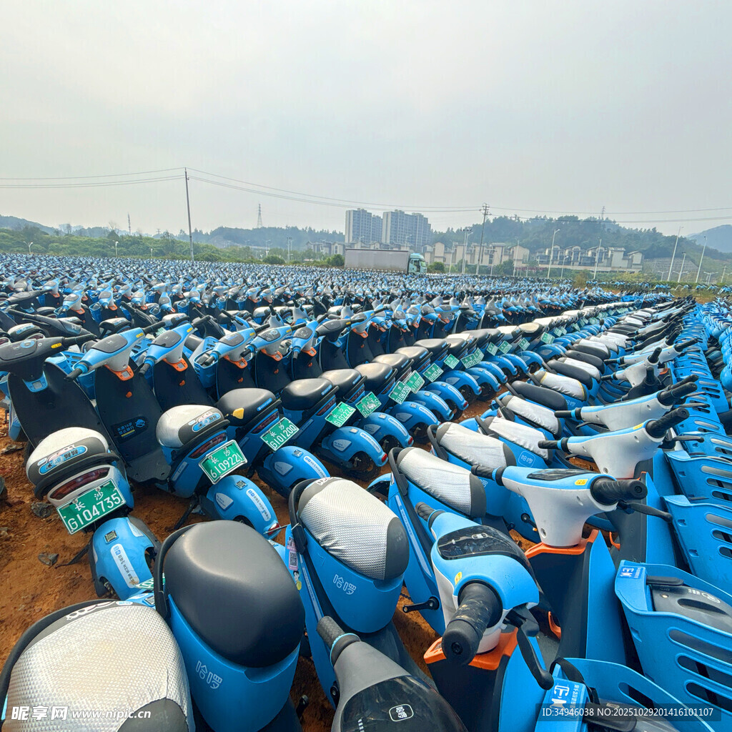 整齐排列的大批蓝色电动车