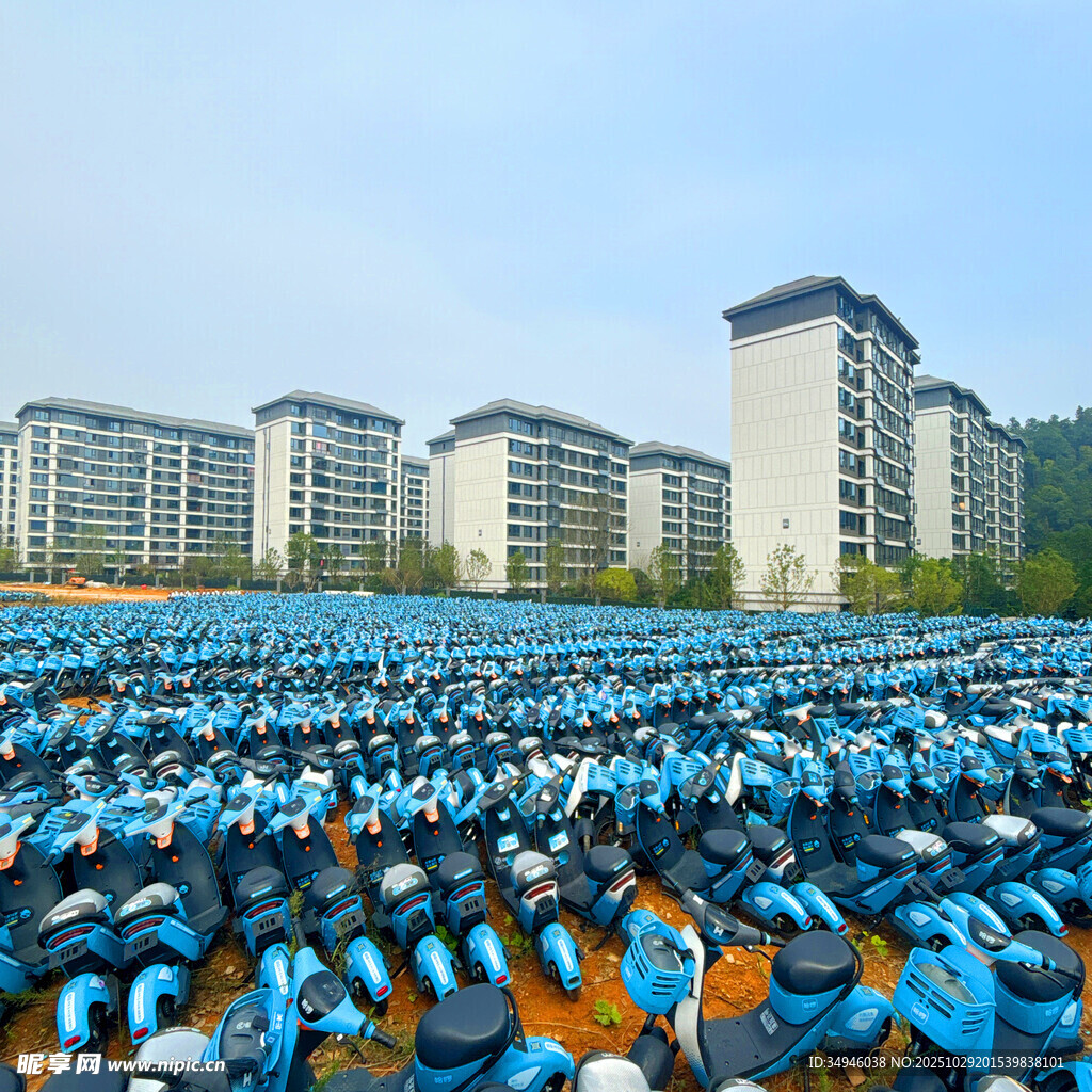 整齐排列的共享单车场景