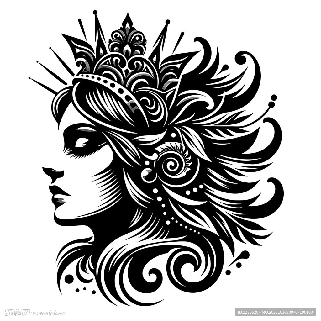 华丽卷发女性头像插画