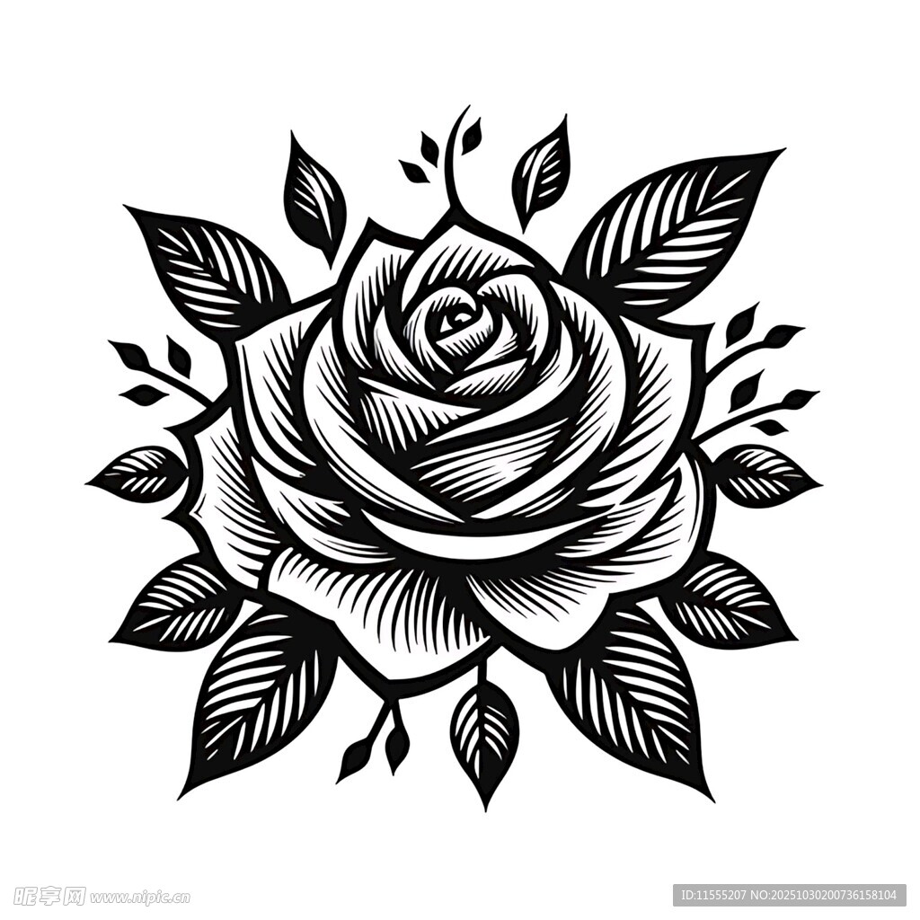 单朵玫瑰黑白纹身图案