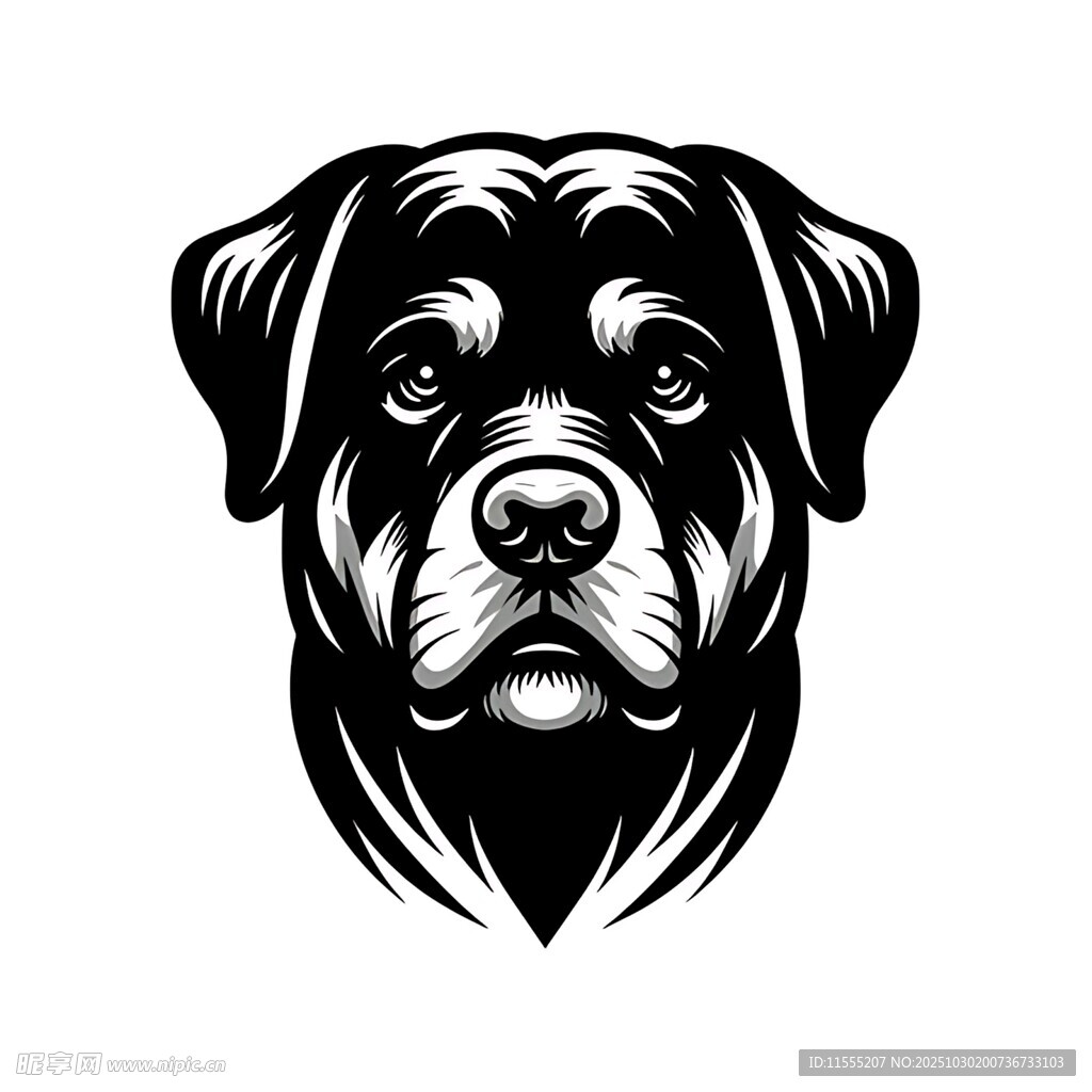 罗威纳犬头像黑白插画