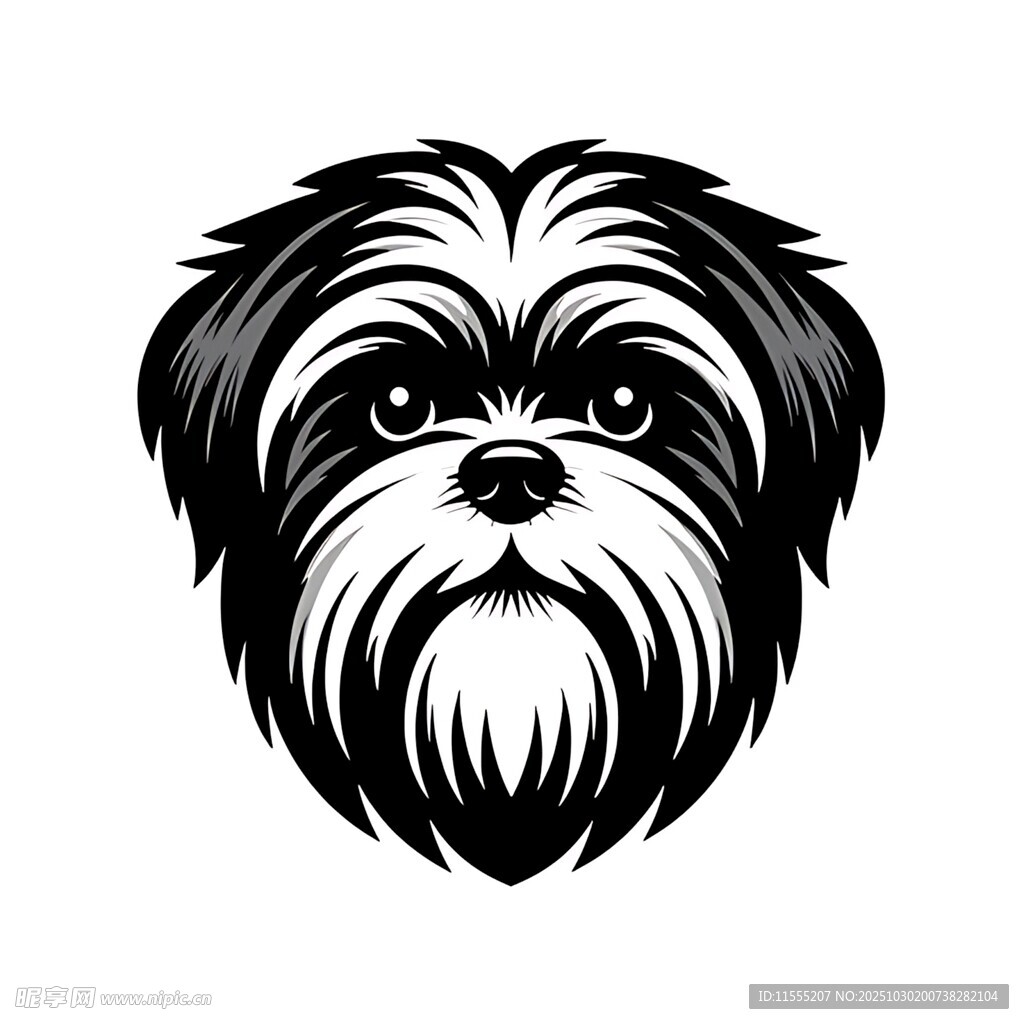 可爱西施犬头部黑白插画