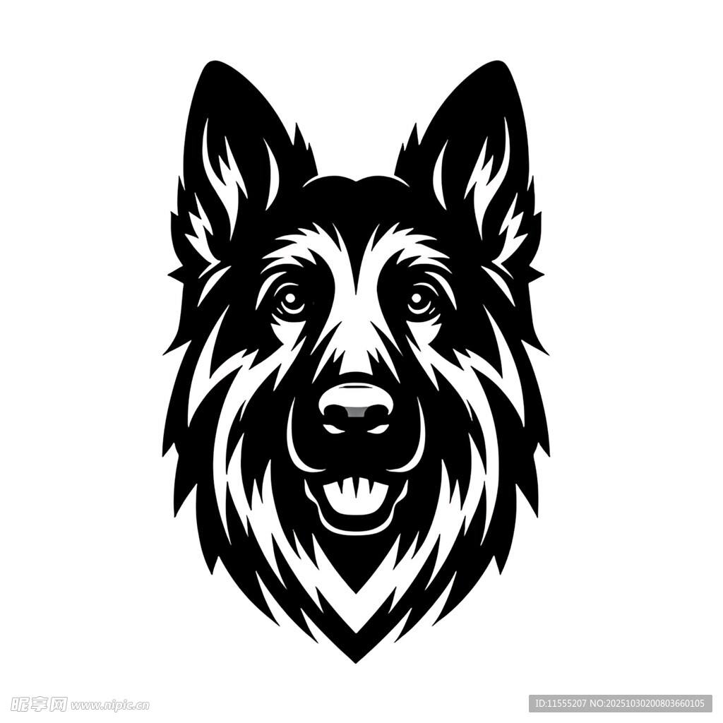 德国牧羊犬头像黑白插画