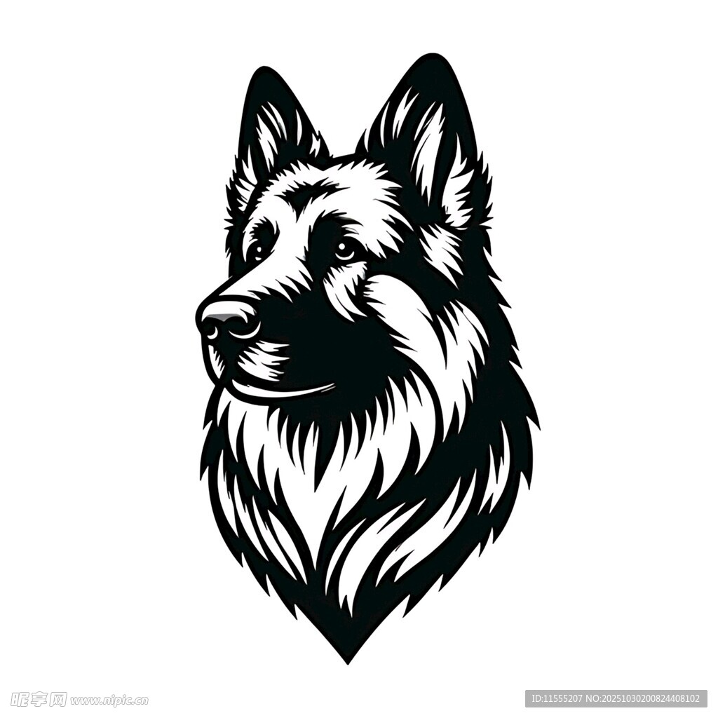 德国牧羊犬头像黑白插画