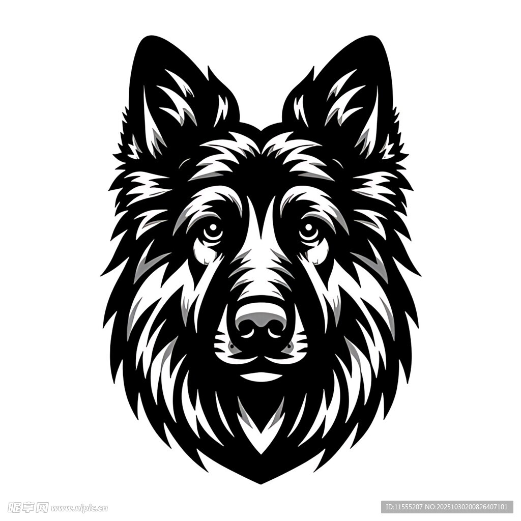 德国牧羊犬头像黑白插画
