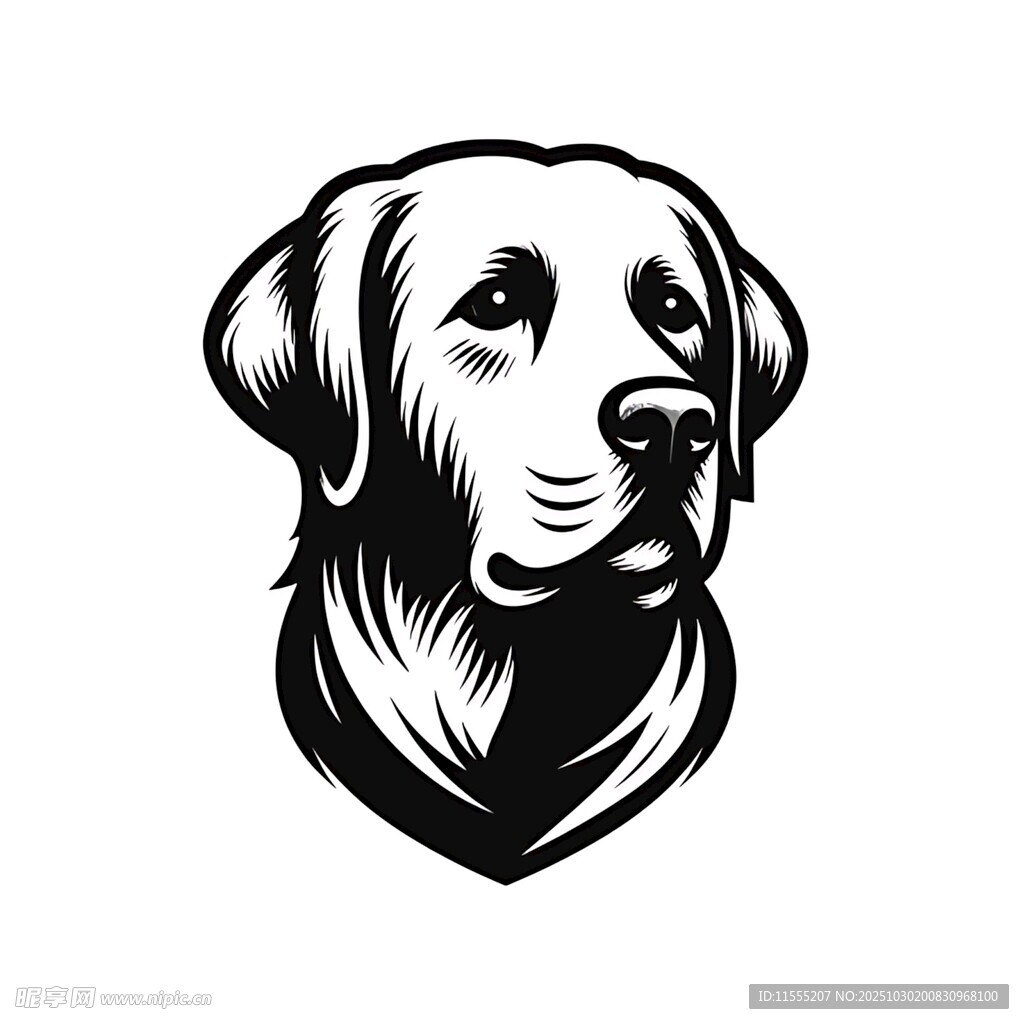 拉布拉多犬头像黑白矢量图