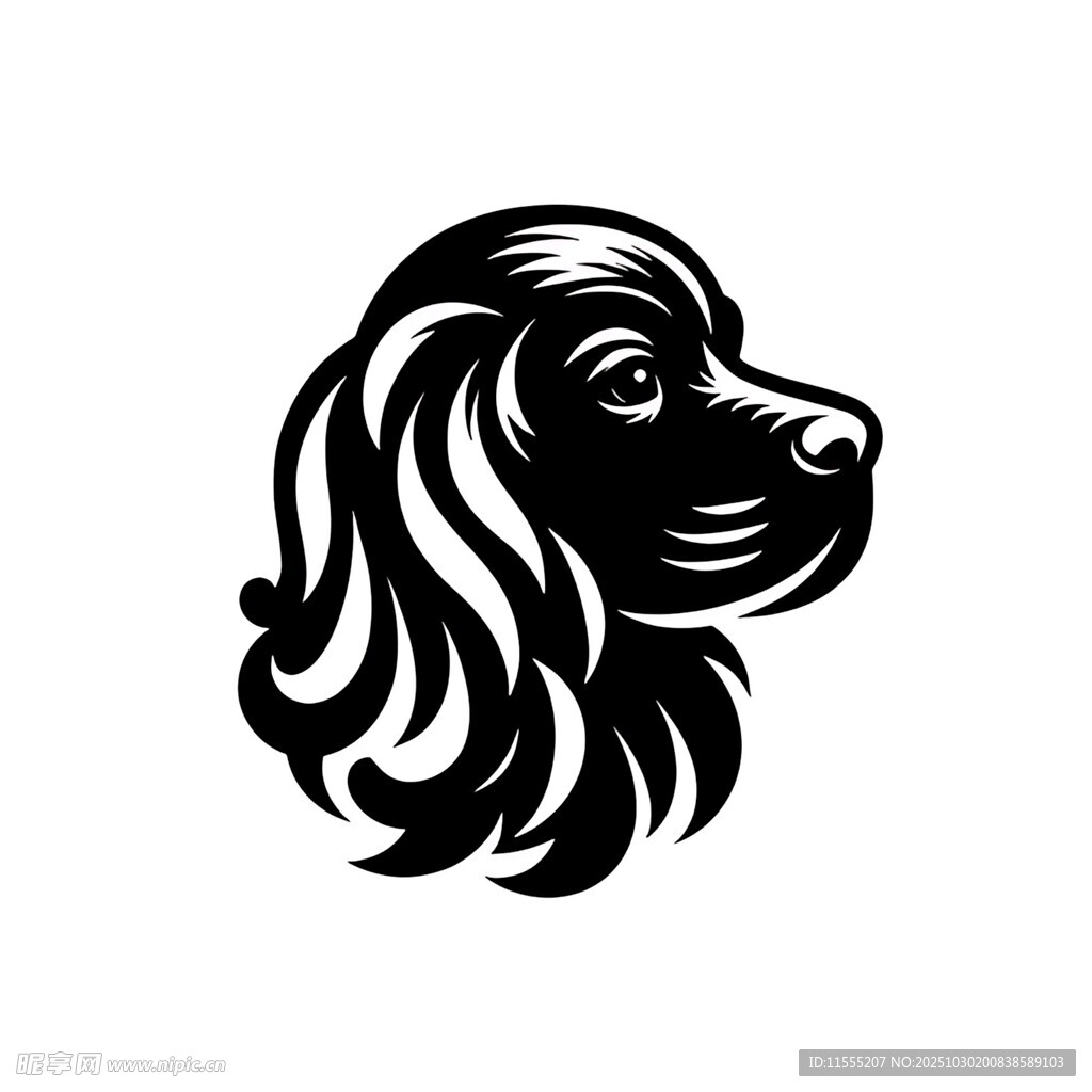 卷毛犬头部黑白简约图案