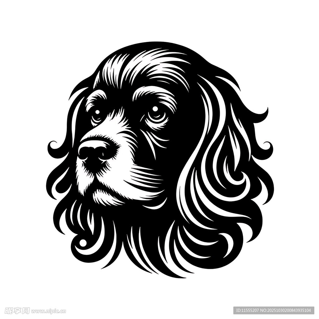 卷毛猎犬头像黑白插画