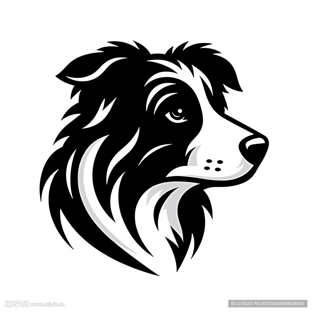 黑白牧羊犬头部图案设计