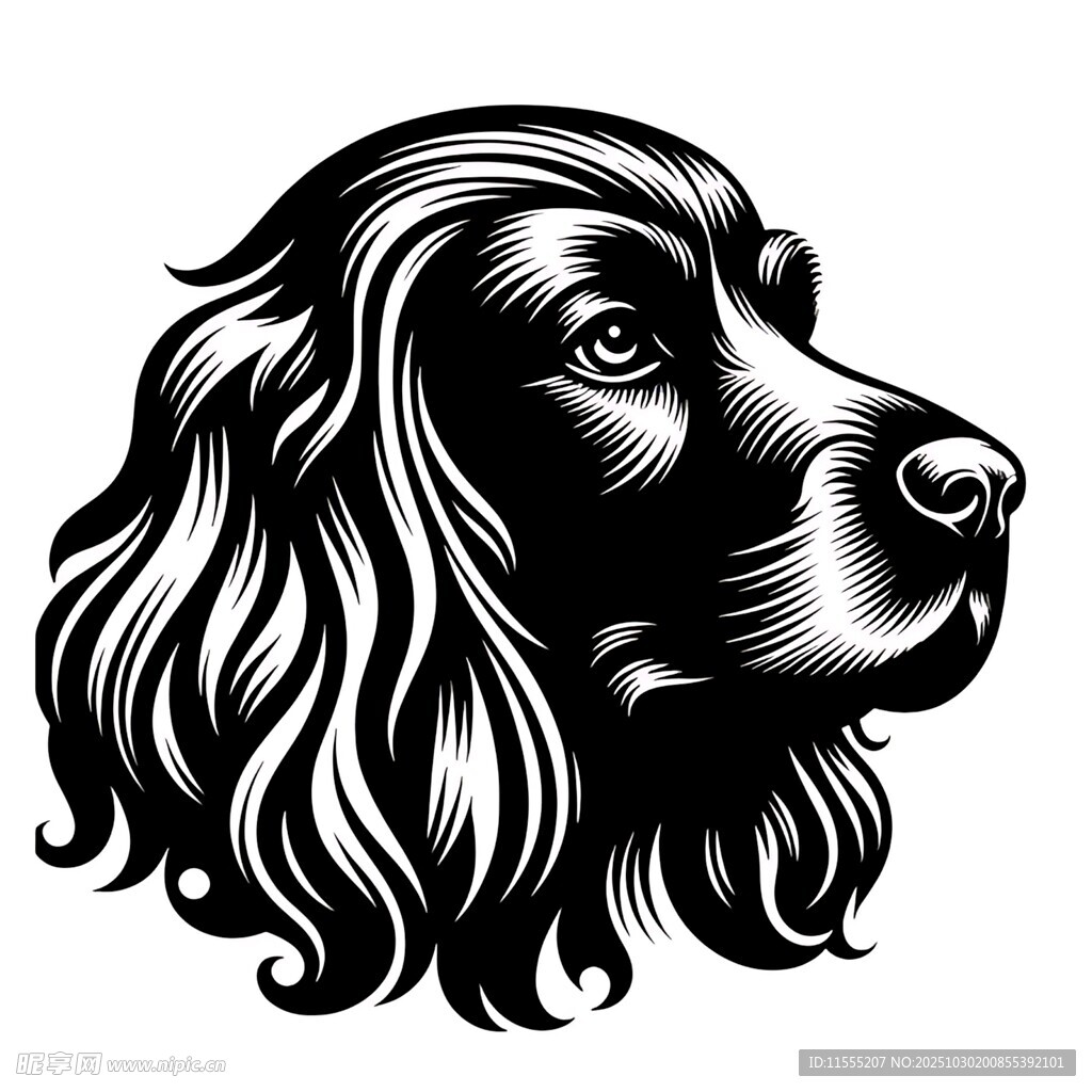 长卷毛猎犬黑白插画头像