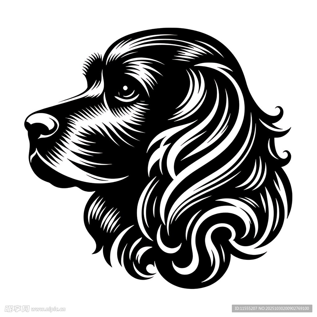 卷毛犬头部黑白艺术图案