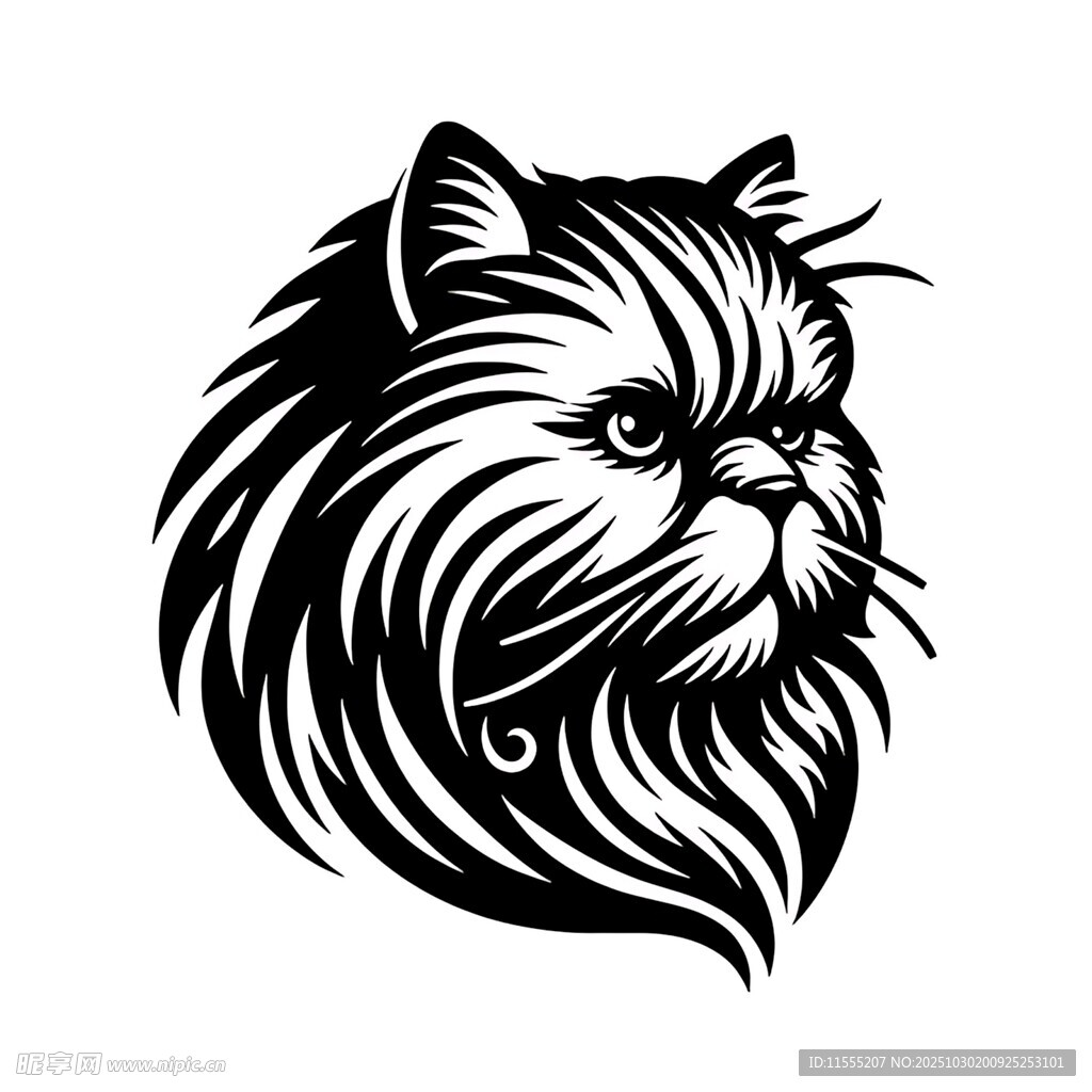 黑白波斯猫头部图案设计