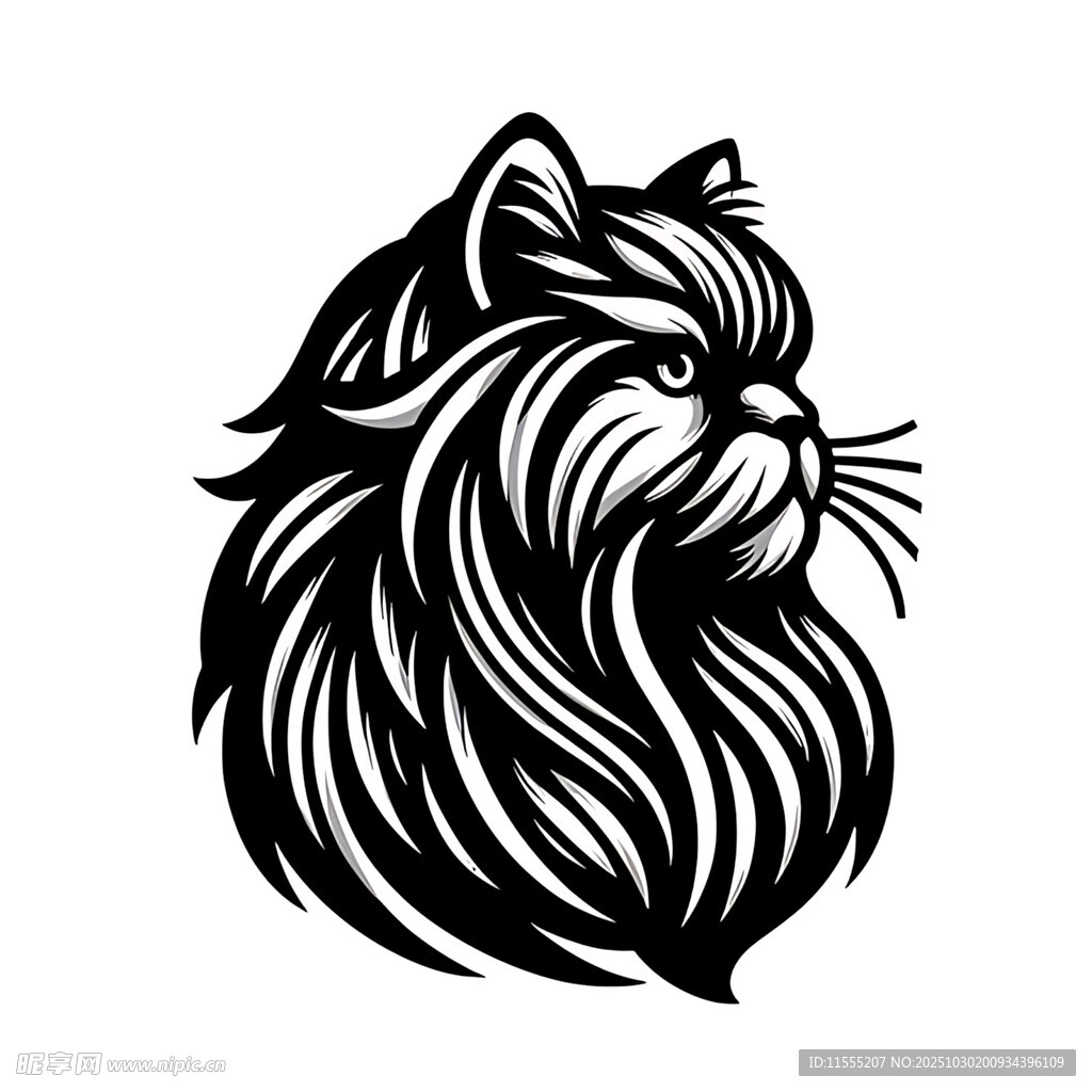 长毛猫头像黑白插画