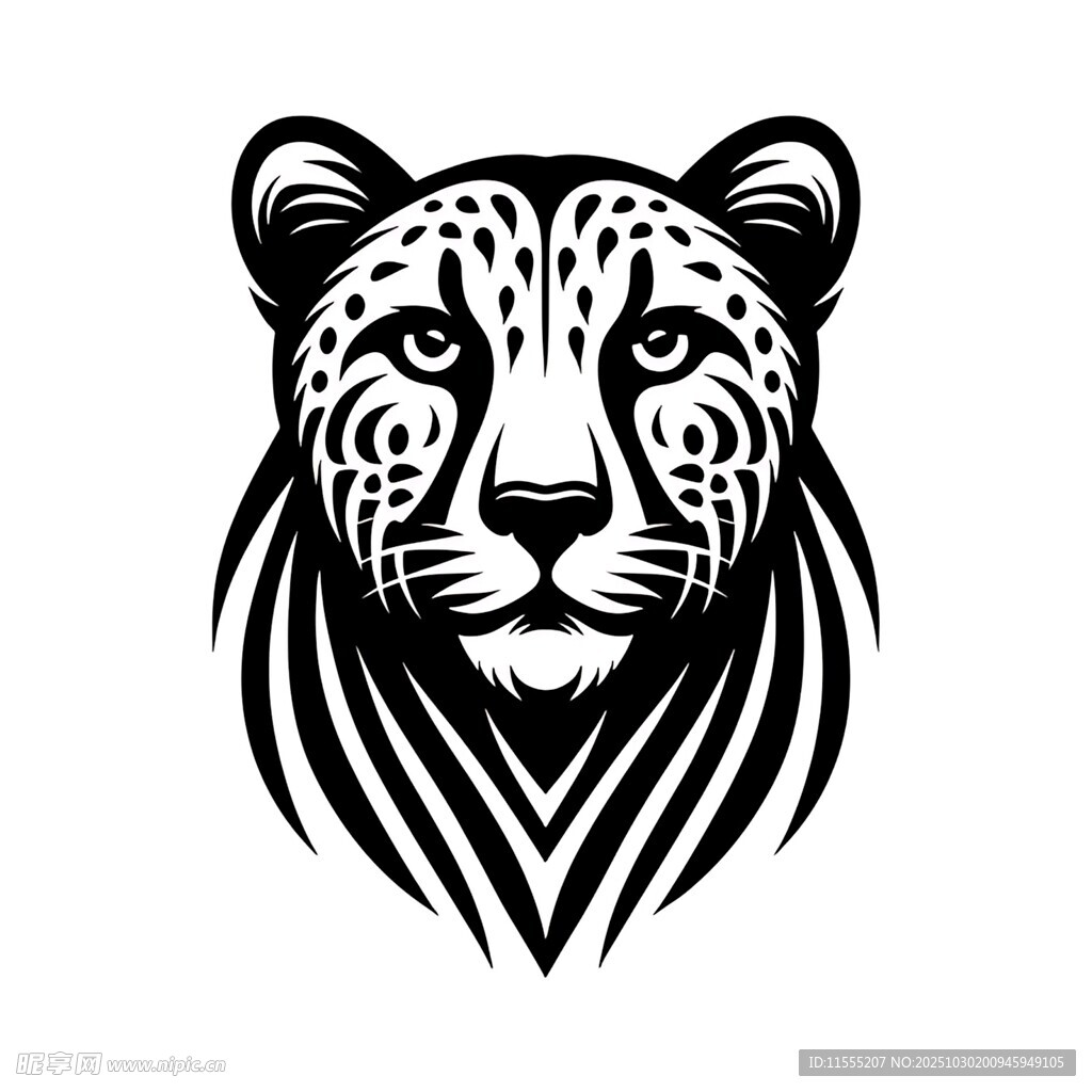 豹头黑白线条艺术图案
